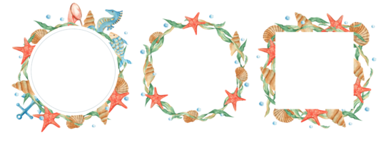 Set of sea circle and square frames. Wreaths with cute fish, seahorse, nautical anchor and sea star. Seashells, seaweeds and water bubbles. Marine design. Watercolor hand drawn illustration. For cards png