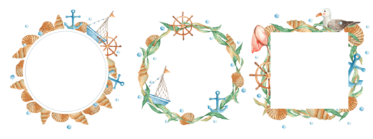 uppsättning av hav cirkel och fyrkant ramar. kransar med söt vattenfärg fartyg, båt med trä- styrning hjul och nautisk ankare. fiskmås och snäckskal. sjögräs och vatten bubblor. marin design. png