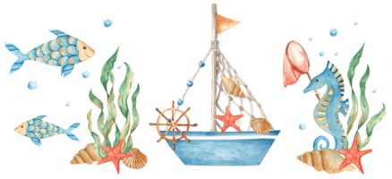 Set of watercolor sea compositions with cute ship, boat and fishes with seahorse. Starfish, sea shells and water bubbles. png