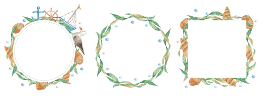 uppsättning av hav cirkel och fyrkant ramar. kransar med söt vattenfärg fartyg, båt med trä- styrning hjul och nautisk ankare. fiskmås och snäckskal. sjögräs och vatten bubblor. marin design. png