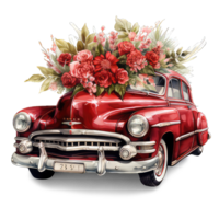 AI generated Retro car toy with red roses flowers with transparent background png