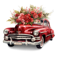 AI generated Retro car toy with red roses flowers with transparent background png