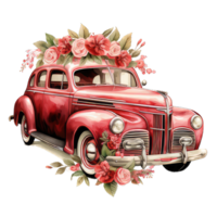 ai generado retro coche juguete con rojo rosas flores con transparente antecedentes png