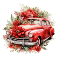 AI generated Retro car toy with red roses flowers with transparent background png