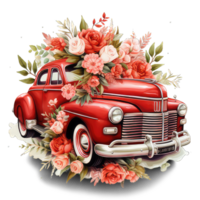 ai gerado retro carro brinquedo com vermelho rosas flores com transparente fundo png