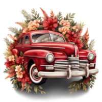 AI generated Retro car toy with red roses flowers with transparent background png