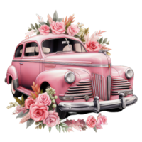 AI generated Retro car toy with red roses flowers with transparent background png