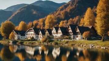 AI generated A housing complex near a river with mountains in the background photo