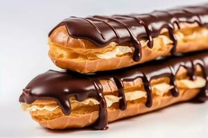 Chocolate Eclairs on a white background, AI Generated photo