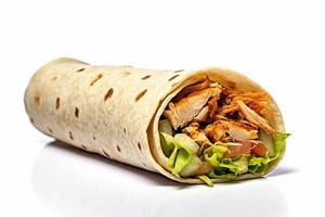 A Shawarma pita roll with chicken isolated on a white background,AI Generated photo