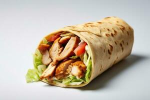 A Shawarma pita roll with chicken isolated on a white background,AI Generated photo