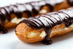 Chocolate Eclairs on a white background, AI Generated photo