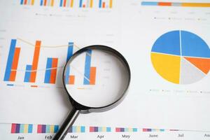 Magnifying glass on charts graphs paper. Financial development, Banking Account, Statistics, Investment Analytic research data economy. photo