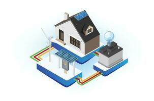 Modern isometric illustration of a house using solar panels with renewable energy.  Suitable for Diagrams, Game Asset, And Other asset vector