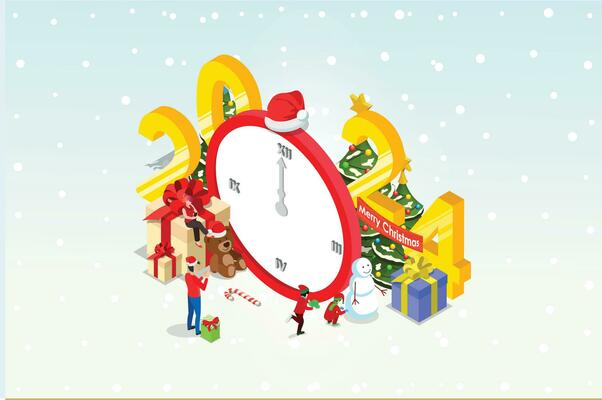 Isometric illustration Christmas and New year design concept. People Celebrates Christmas and New Year with Christmas tree, gift boxes and Snowman. Suitable for Infographics and Book Illustration