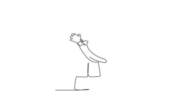 Self drawing animation of single line draw of businessman feeling sad, depression, hugging body, standing gesture. Frustrated worker mental health problems. Continuous line draw. Full length animation video