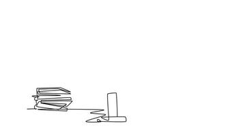 Animated self drawing of continuous line draw stressful young finance manager facing pile of document papers on desk office with computer screen. Work overload project. Full length one line animation video