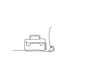Animated self drawing of continuous line draw young depressed male manager bowed limply on chair after he got sacked from the work office. Job dismissal concept. Full length single line animation video