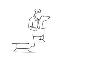 Self drawing animation of single line draw young male worker hugging and cheering his sad and despair office friend. Work partner business support concept. Continuous line draw. Full length animated video