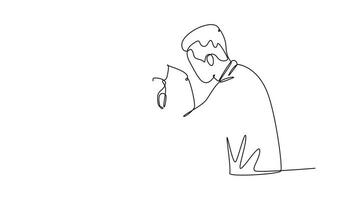 Animated self drawing of continuous line draw of young doctor talking with frustrated man patient in hospital. Depressed worker check up his condition with psychiatrist. Full length one line animation video