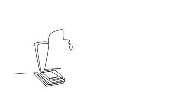 Self drawing animation of single line draw of young tired male employee holding head while working in office. Work fatigue because of work overload concept. Continuous line draw. Full length animated video