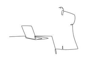 Animé soi dessin de continu ligne dessiner de frustré homme d'affaire séance sur Bureau chaise. stressant ouvrier en portant tête tandis que voir Stock prix sur portable filtrer. plein longueur Célibataire ligne animation video