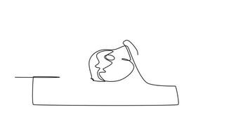 Animated self drawing of continuous line draw of young despair man employee put his head on laptop desk. Worker with overload deadline pressure at the office concept. Full length single line animation video