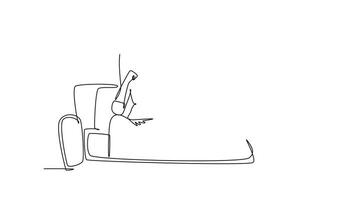 Self drawing animation of single line draw of young female worker hug and cheering her sad and despair office friends on sofa. Work partner support concept. Continuous line draw. Full length animated video