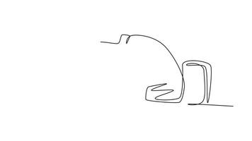 Animated self drawing of continuous line side view of young depressed manager put his head on laptop because overload working at office. Work traumatic life concept. Full length single line animation video