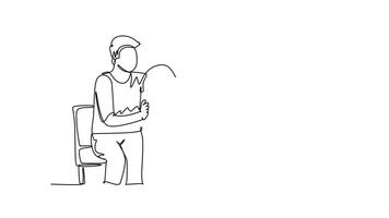 Self drawing animation of single line draw two male workers cheering his sad and despair office friend while sitting on bench. Work partner business support. Continuous line draw. Full length animated video