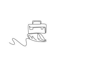 Animated self drawing of continuous line draw depressed businessman with briefcase sitting in despair on floor. Entrepreneur sad expression. Worker burnout syndrome. Full length single line animation video