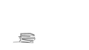 animiert selbst Zeichnung von kontinuierlich Linie zeichnen jung von schläfrig Anfang Vorsitzender fallen schlafend auf Laptop Schreibtisch während er war Lektüre. Arbeit Überlast ermüden beim das Büro Konzept. voll Länge einer Linie Animation video