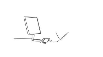 Animated self drawing of continuous line draw young tired company worker covering his face with hand after read financial annual report. Work fatigue at the office. Full length single line animation video