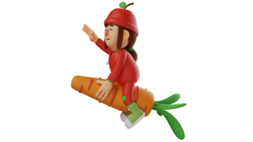 3d illustratie. mooi meisje 3d tekenfilm karakter. weinig meisje vervelend fruit kostuum. een schattig meisje ritten een vliegend wortel en poses uitrekken haar armen naar voren. 3d tekenfilm karakter png