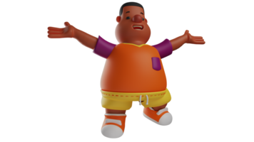 3D illustration. Cheerful boy 3D Cartoon Character. The fat boy stretched both his arms up. Happy students walking while smiling cheerfully. 3D cartoon character png