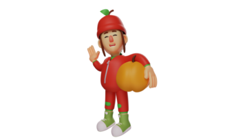 3D illustration. Fruit Girl 3D Cartoon Character. A kind little girl is carrying pumpkins from her garden. The fruit girl will deliver her harvest to her friend. 3D cartoon character png