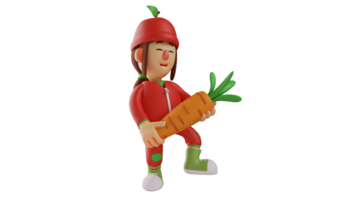3D illustration. Fruit Girl 3D Cartoon Character. Fruit girl loves gardening. Adorable fruit girl carrying a big carrot. A cute girl brings her garden produce. 3D cartoon character png