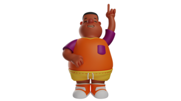 3D illustration. Strange boy 3D Cartoon Character. Kids is standing while pointing upward. The boy closed his eyes and showed a calm expression. 3D cartoon character png