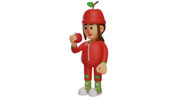 3D illustration. Sweet Fruit Girl 3D Cartoon Character. Little girl wearing a red fruit costume. The fruit girl is holding the fruit and looking at it carefully. 3D cartoon character png