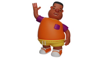 3D illustration. Boy 3D Cartoon Character. A friendly boy waves his hand to someone he meets. The boy smiles cheerfully and looks happy. 3D cartoon character png