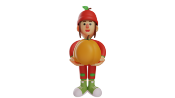 3D illustration. Adorable Fruit Girl 3D Cartoon Character. Fruit girl stood up while carrying a big pumpkin. A fruit girl who is an avid gardener is harvesting her vegetables. 3D cartoon character png