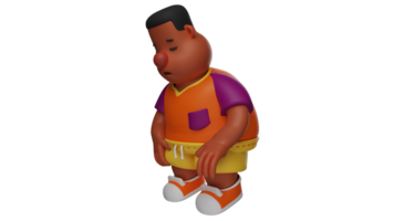 3D illustration. Tired Child 3D Cartoon Character. The chubby, brown-skinned boy looks adorable. The boy walked hunched and bowed. Boy looks exhausted. 3D cartoon character png