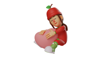 3d ilustración. romántico Fruta niña 3d dibujos animados personaje. un linda niña sentado mientras abrazando un rosado amor símbolo. linda Fruta niña mira dulcemente sonriente. 3d dibujos animados personaje png