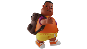 3D illustration. Fat Boy 3D Cartoon Character. Chubby, brown-skinned students look charming. Diligent student walk to school. Cool student walking and smiling happily. 3D cartoon character png