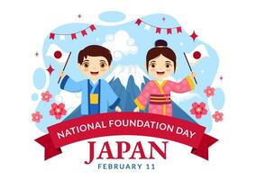 contento Japón nacional Fundación día vector ilustración en febrero 11 con famoso japonés puntos de referencia y bandera en plano niños dibujos animados antecedentes