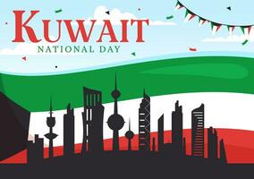 nacional Kuwait día vector ilustración en febrero 25 con punto de referencia, ondulación bandera y independencia celebracion en plano dibujos animados antecedentes