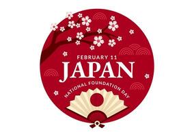 contento Japón nacional Fundación día vector ilustración en febrero 11 con famoso japonés puntos de referencia y bandera en plano niños dibujos animados antecedentes