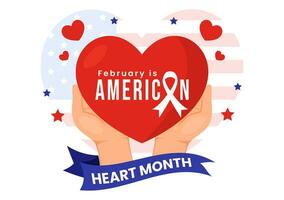 February is American Heart Month Vector Illustration with USA Flag and Red Love for Healthy in Flat Cartoon Background Design