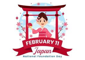 contento Japón nacional Fundación día vector ilustración en febrero 11 con famoso japonés puntos de referencia y bandera en plano niños dibujos animados antecedentes