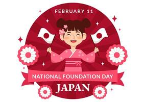 contento Japón nacional Fundación día vector ilustración en febrero 11 con famoso japonés puntos de referencia y bandera en plano niños dibujos animados antecedentes